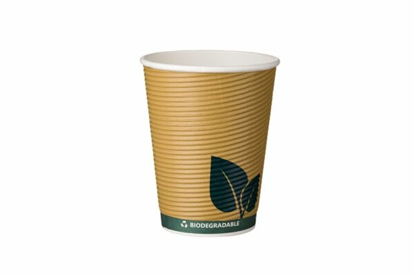 Double Wall Waterbased Paper Cups Ripple Green Leaf Design 12oz 90 mm | TESSERA Bio Products®