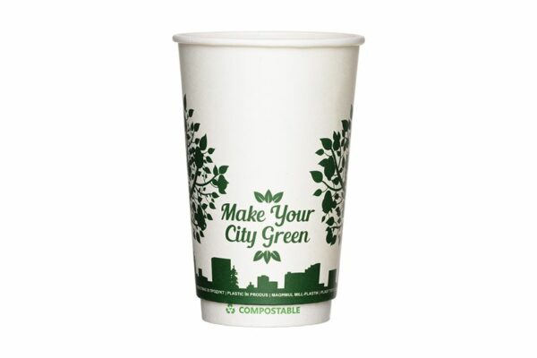 Double Wall Waterbased Paper Cups Ripple Green City Design 16oz | TESSERA Bio Products®