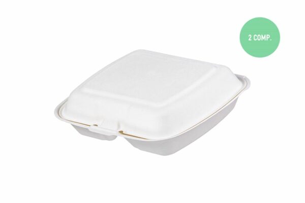Σκεύη Φαγητού Ζαχαροκάλαμο 2 θέσεων με Ενσωματωμένο Καπάκι 23x20cm. | Tessera Sustainable Packaging®
