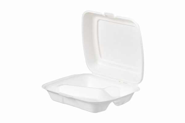 Sugarcane Food Containers 3-Compartments with Hinged Lid | Tessera Sustainable Packaging®