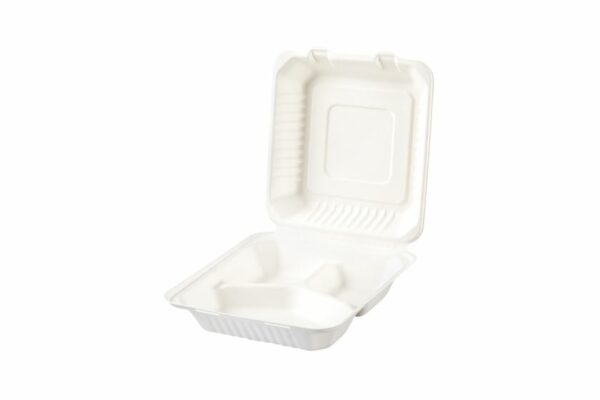 Σκεύη Φαγητού Ζαχαροκάλαμο 3 θέσεων με Ενσωματωμένο Καπάκι 23x23 cm. | Tessera Sustainable Packaging®
