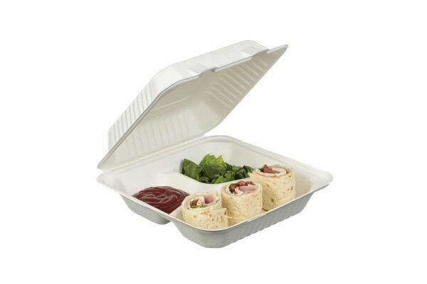 Σκεύη Φαγητού Ζαχαροκάλαμο 3 θέσεων με Ενσωματωμένο Καπάκι 23x23 cm. | Tessera Sustainable Packaging®