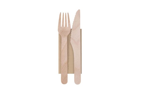 Wooden Cutlery FSC® Set 16 cm. Wrapped (Fork - Knife - Napkin) | TESSERA Bio Products®